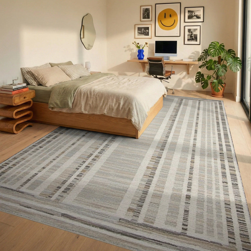 Neutral Tonal Vertical Stripe Rug - Bedroom View