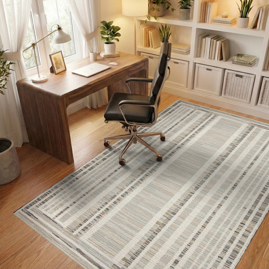 Neutral Tonal Vertical Stripe Rug - Office View