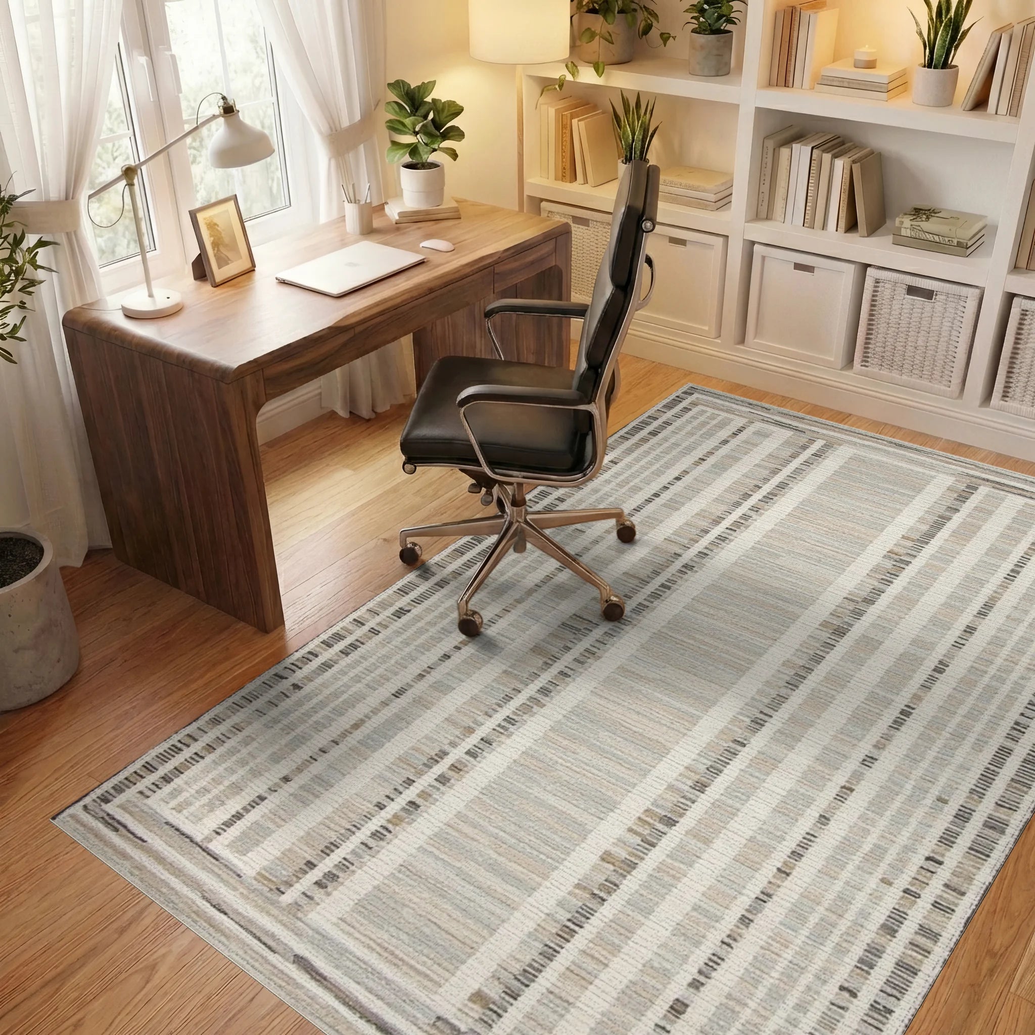Neutral Tonal Vertical Stripe Rug - Office View