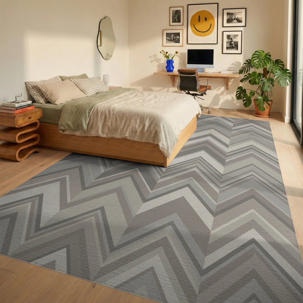 Neutral Tone Chevron Stripe Rug Bedroom View