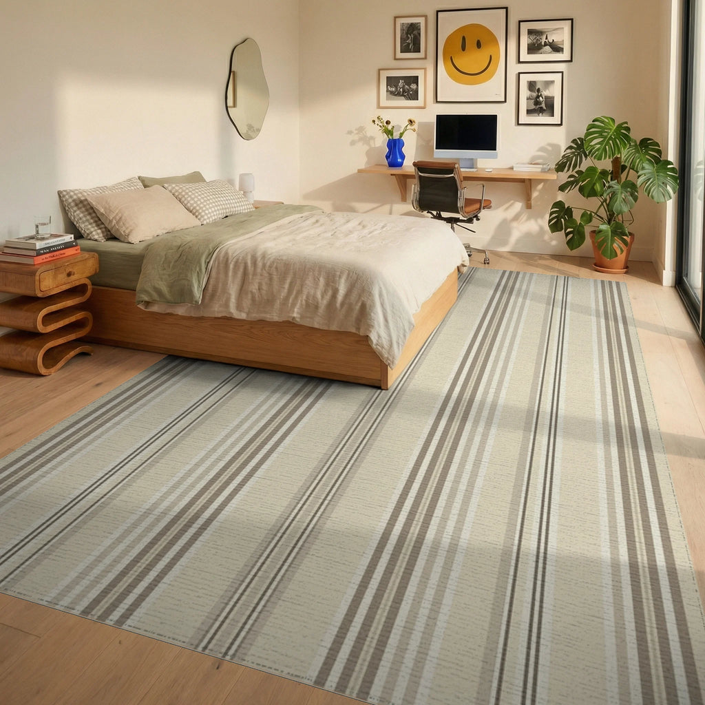 Neutral Tone Vertical Stripe Rug Bedroom View