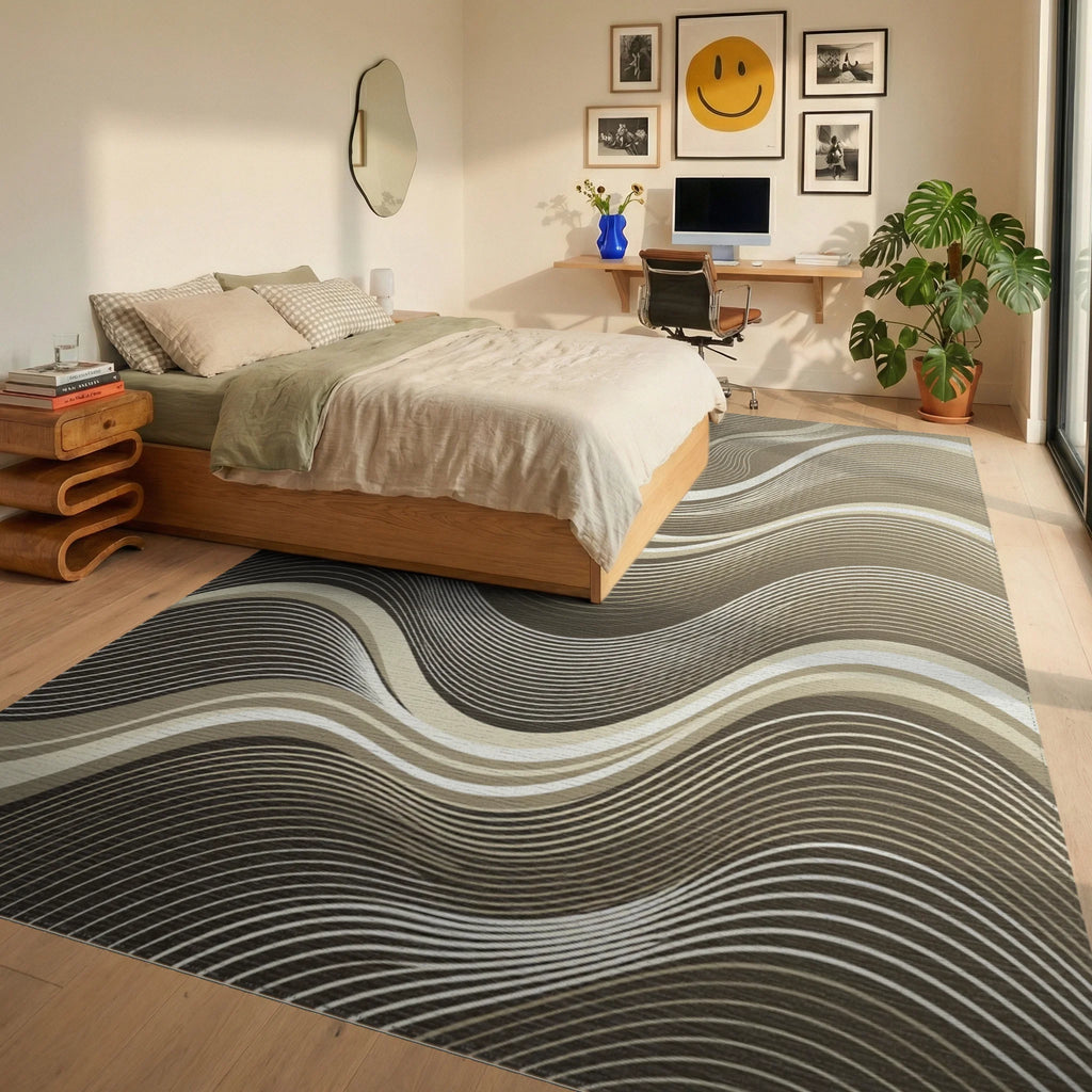 Neutral Tone Wave Abstract Rug Bedroom View
