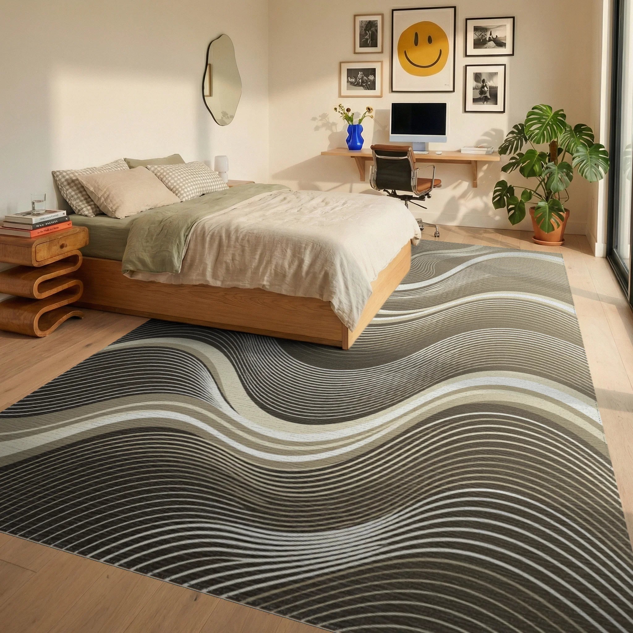 Neutral Tone Wave Abstract Rug Bedroom View