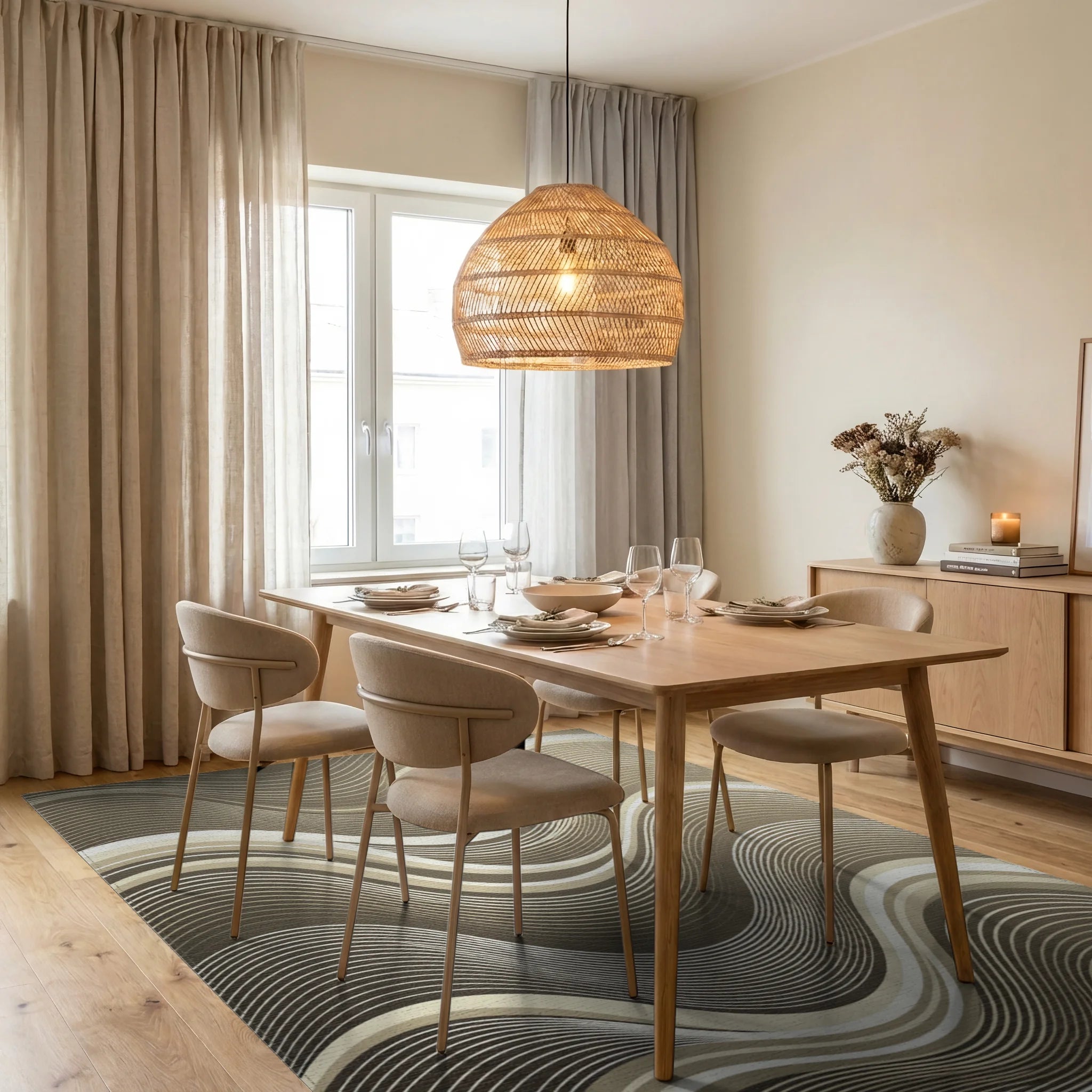 Neutral Tone Wave Abstract Rug Dining Room View