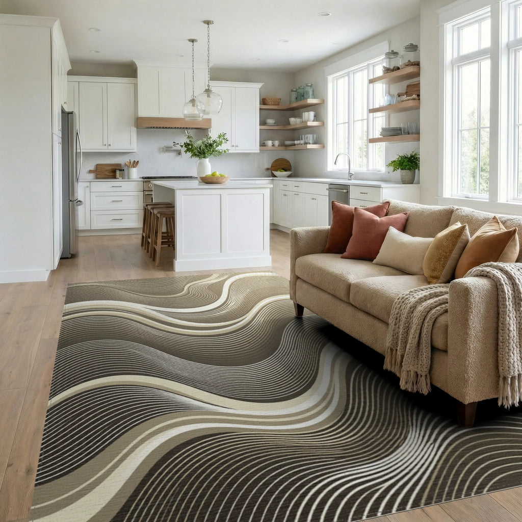 Neutral Tone Wave Abstract Rug Living Room View