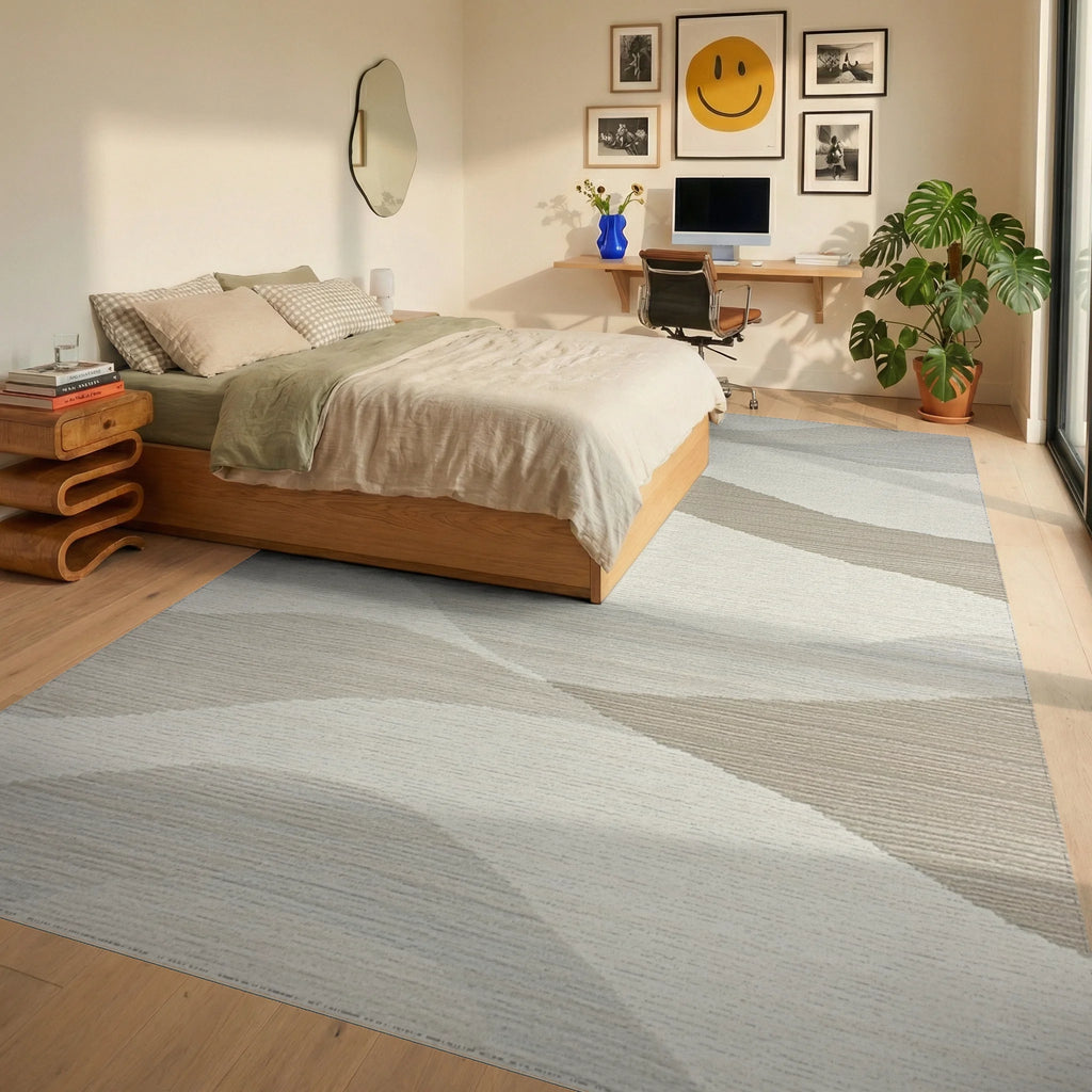 Neutral Toned Abstract Gradient Waves Rug - Bedroom View