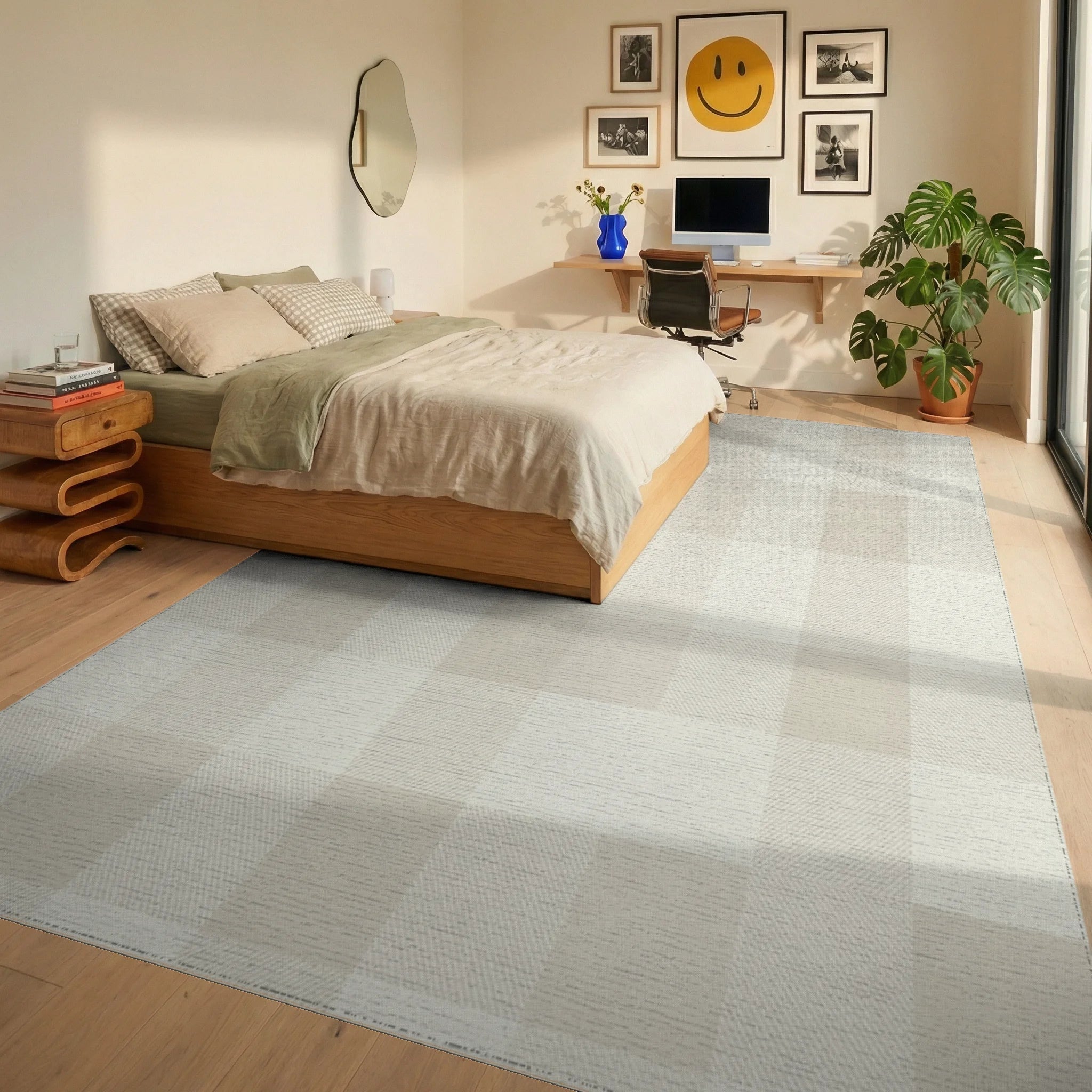 Neutral Toned Buffalo Check Plaid Rug Bedroom View