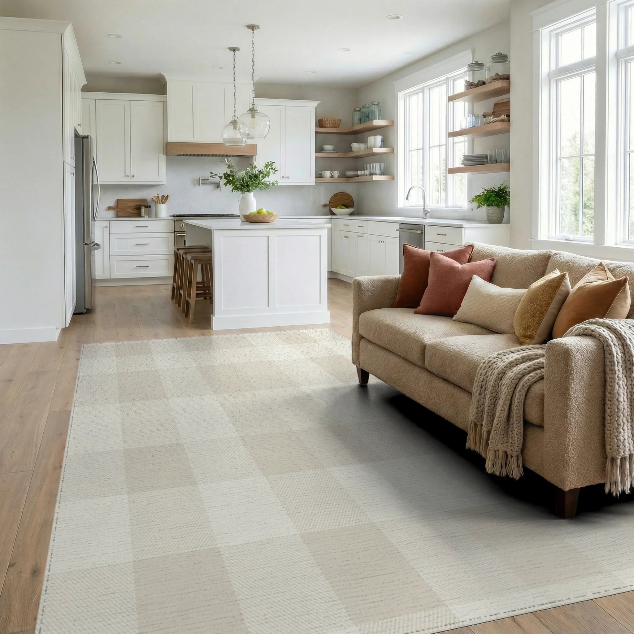 Neutral Toned Buffalo Check Plaid Rug Living Room View