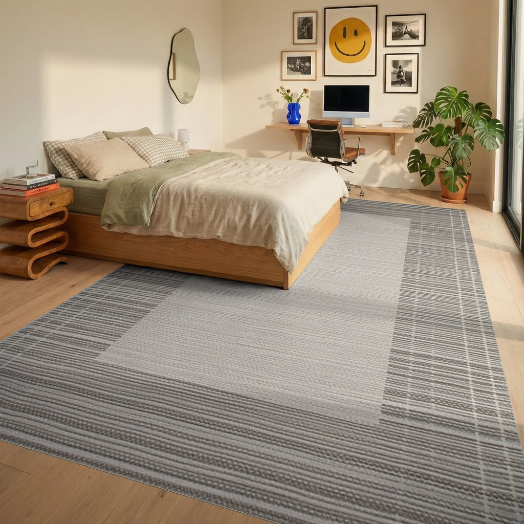 Neutral Toned Geometric Border Rug - Bedroom View