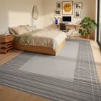 Neutral Toned Geometric Border Rug - Bedroom View