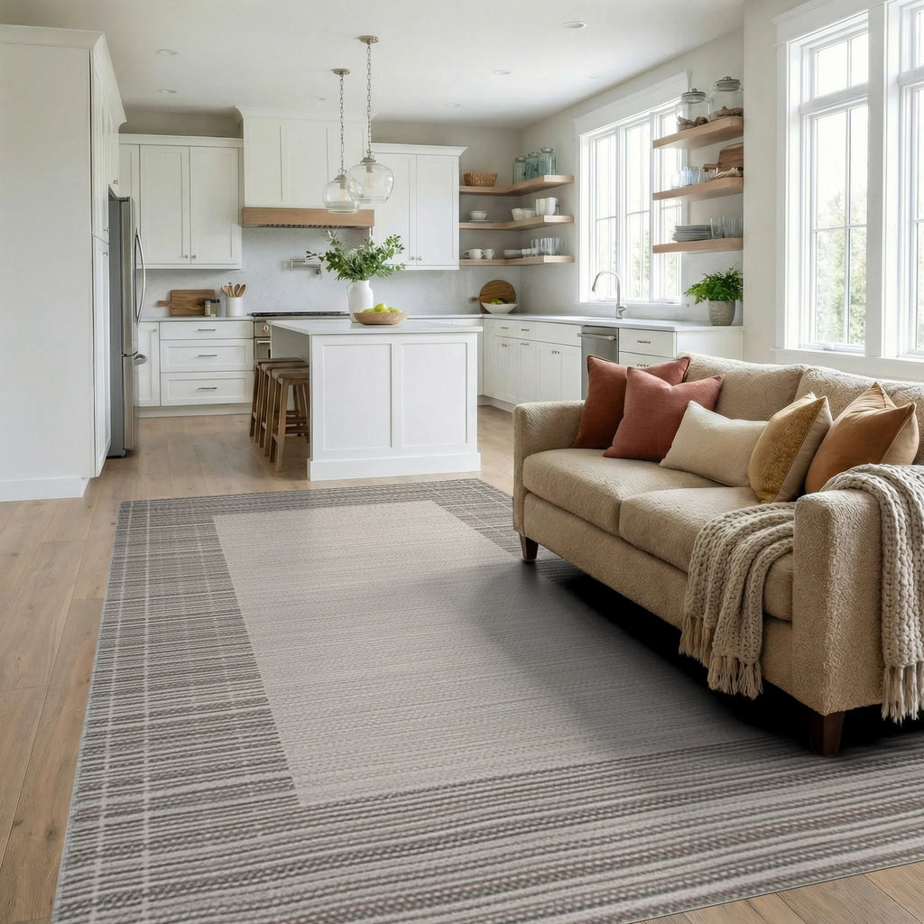 Neutral Toned Geometric Border Rug - Living Room View