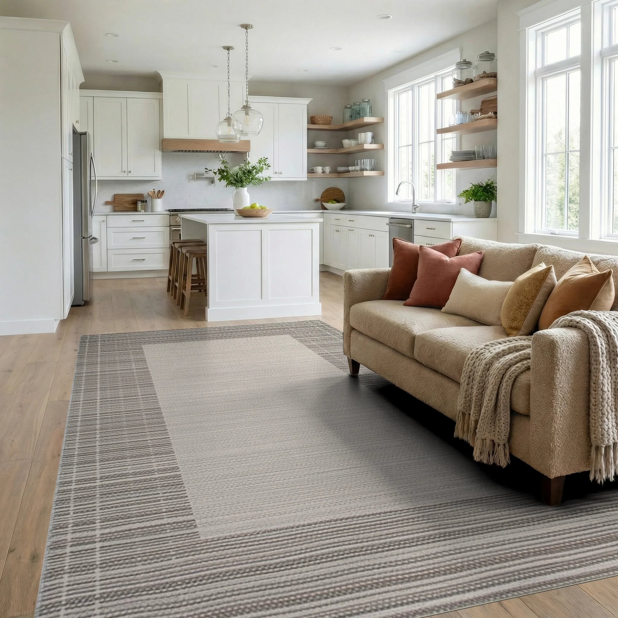 Neutral Toned Geometric Border Rug - Living Room View