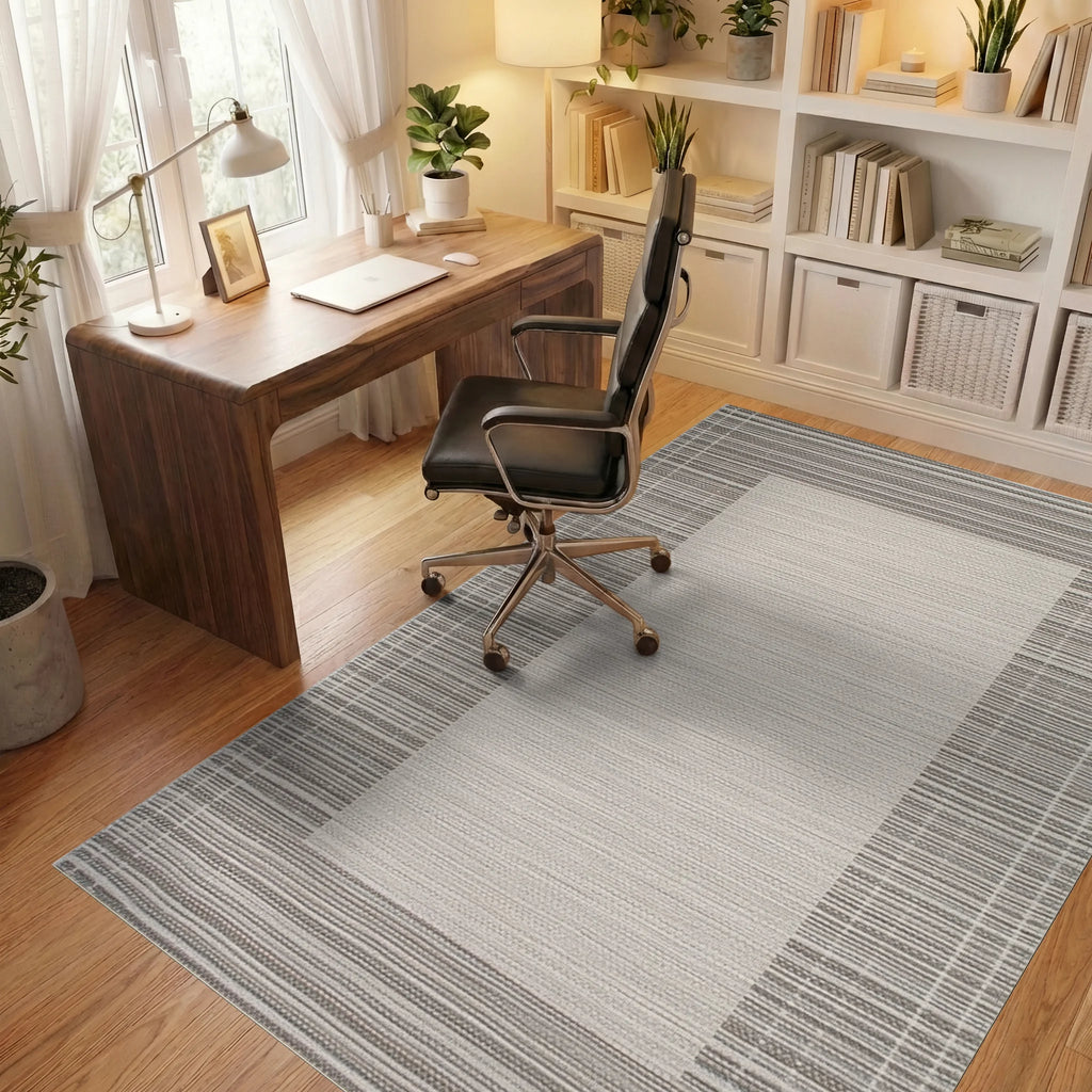 Neutral Toned Geometric Border Rug - Office View