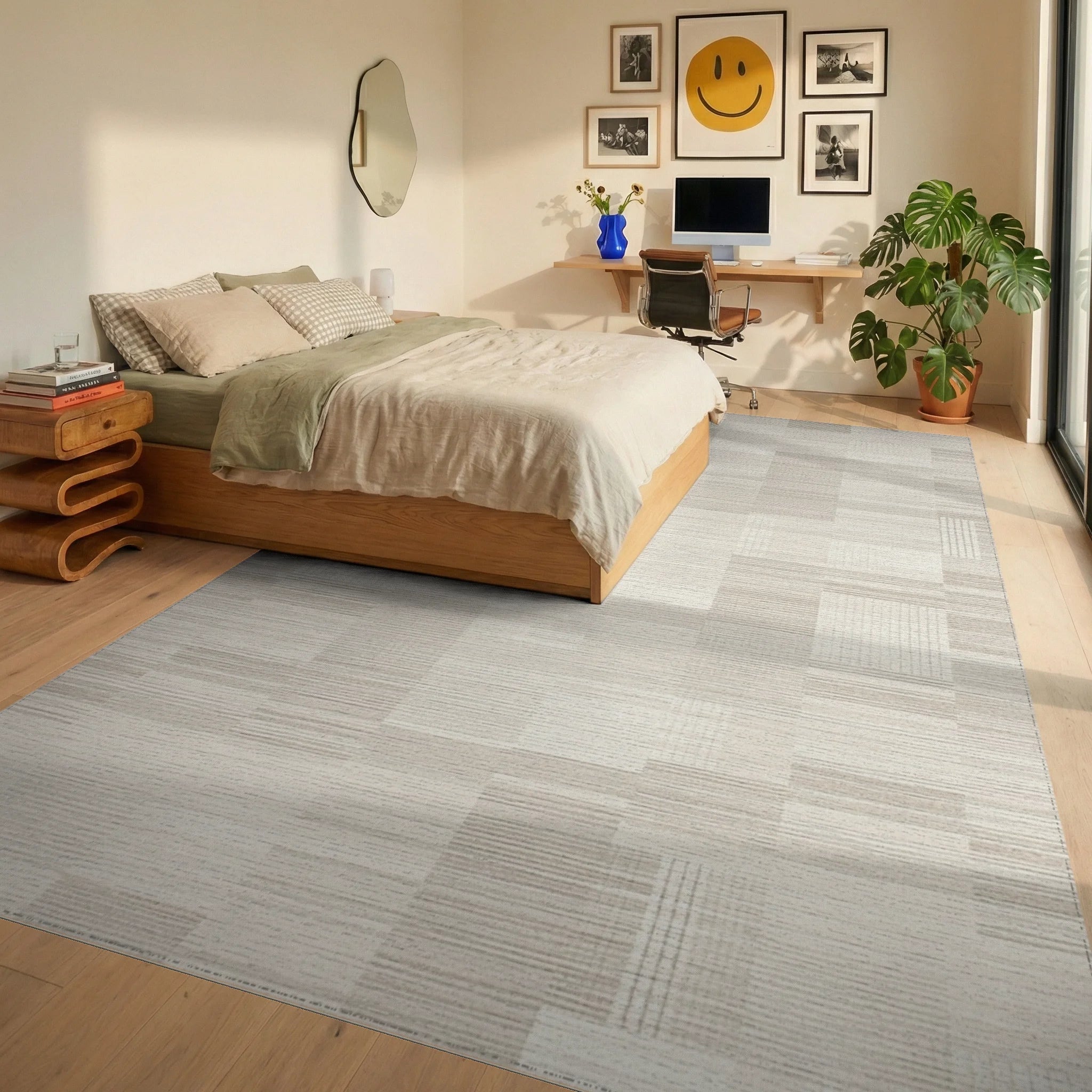 Neutral Tones Patchwork Geometric Weave Rug - Bedroom View