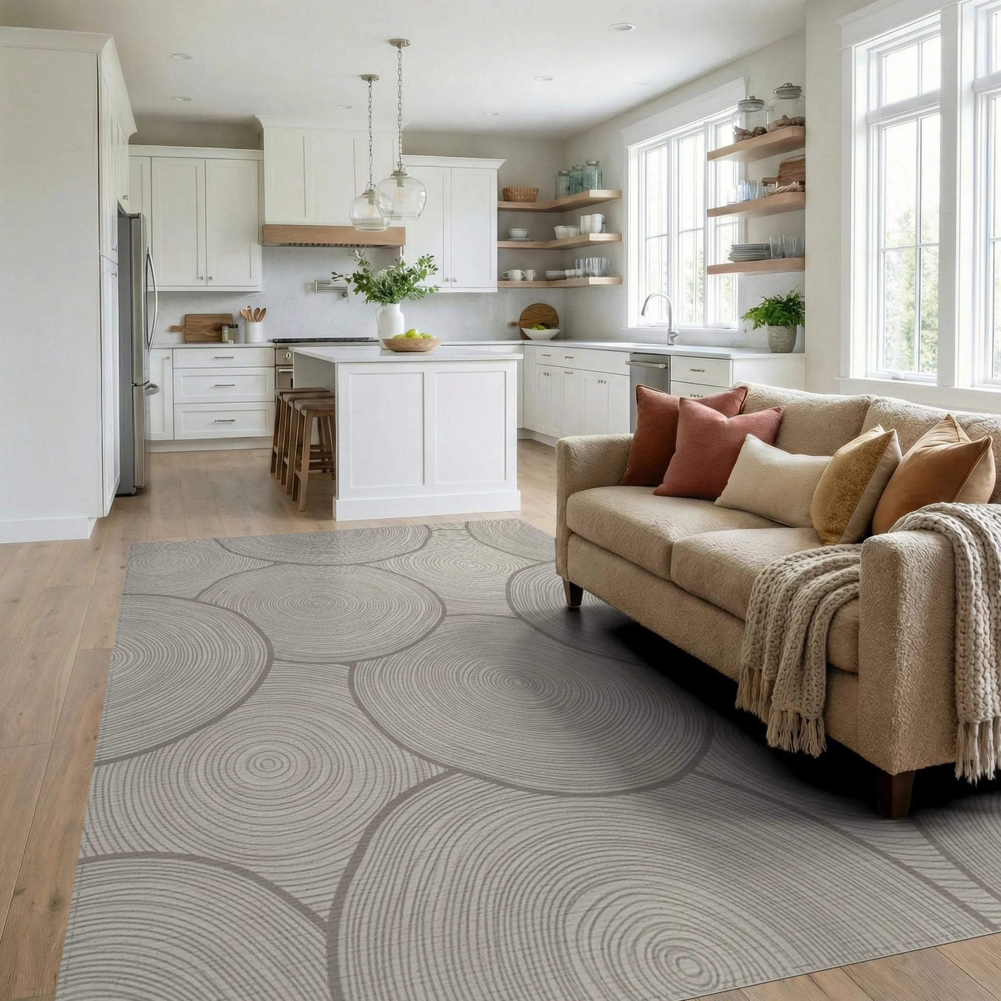 Neutral Wood Slice Circular Rug Living Room View