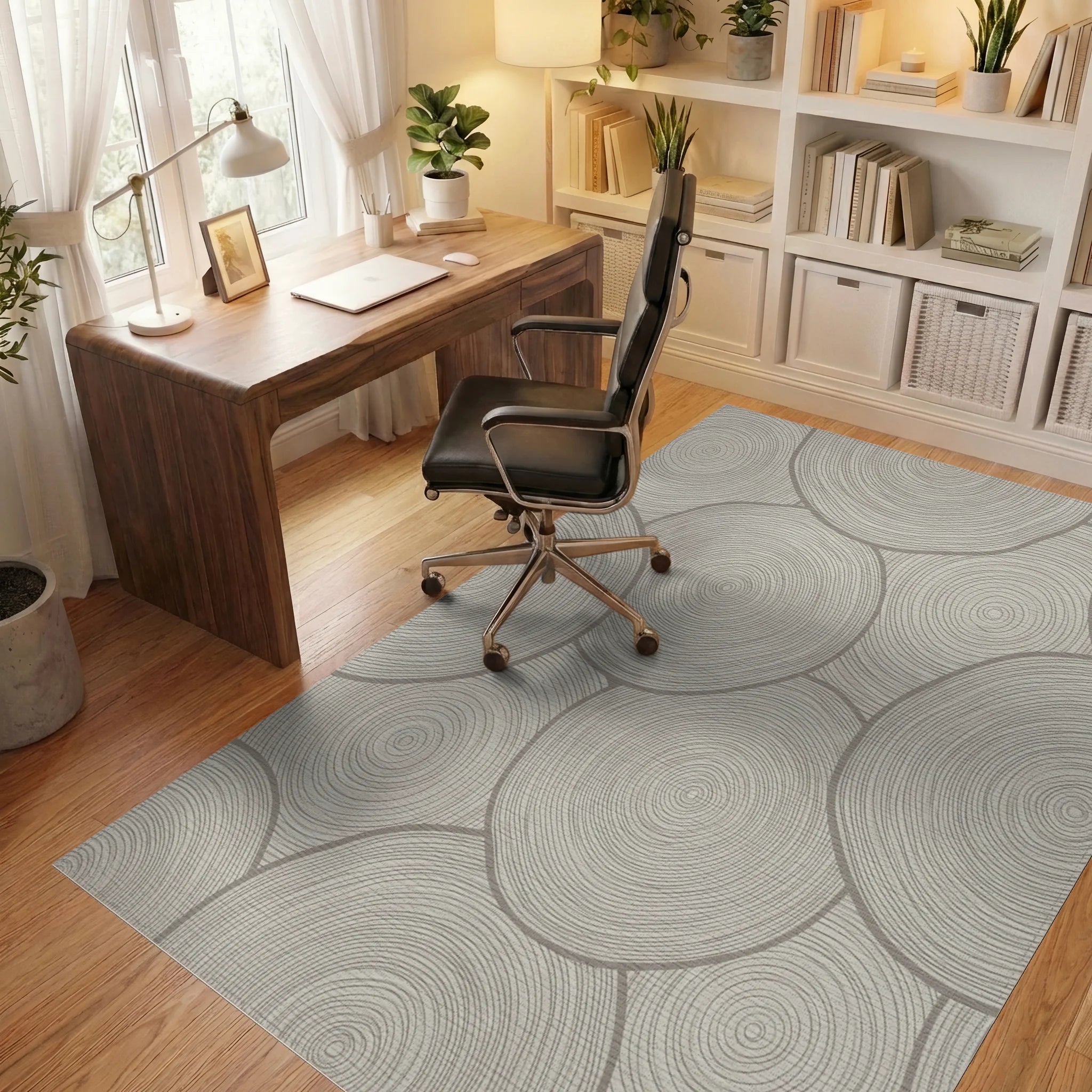Neutral Wood Slice Circular Rug Office View