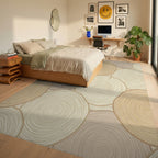 Neutral Wood Slice Rings Rug Bedroom View