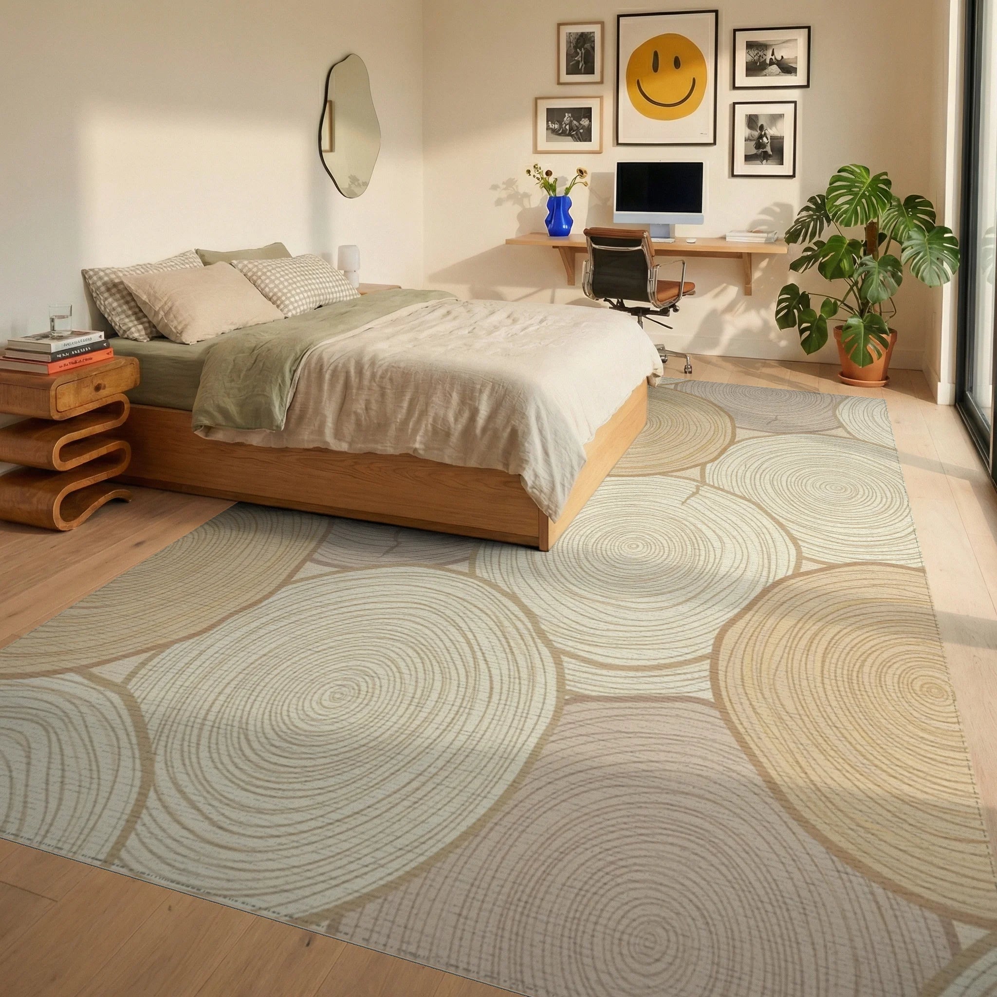 Neutral Wood Slice Rings Rug Bedroom View