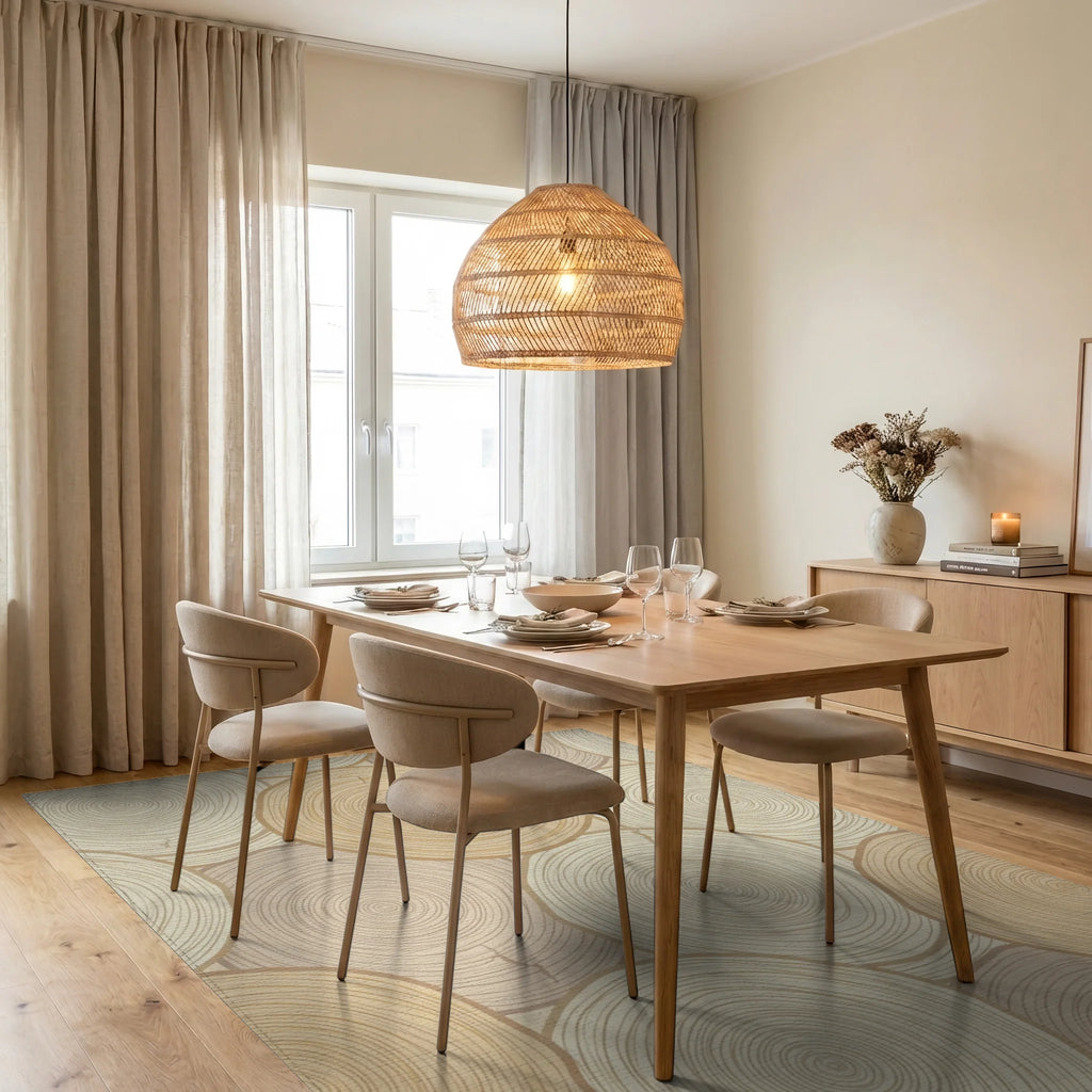 Neutral Wood Slice Rings Rug Dining Room View