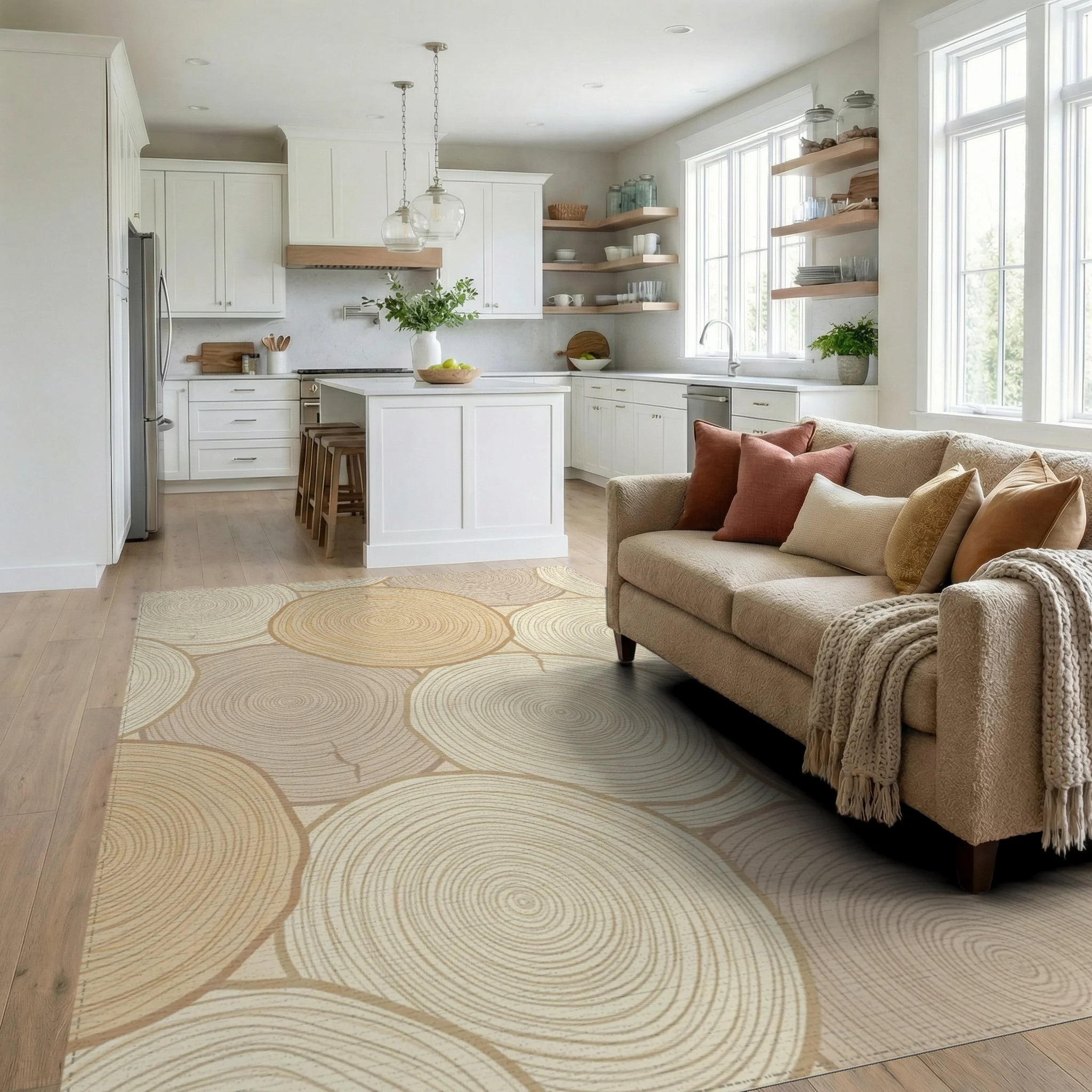 Neutral Wood Slice Rings Rug Living Room View