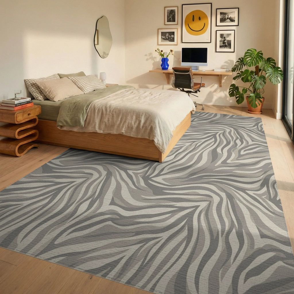 Neutral Zebra Stripe Swirl Rug Bedroom View