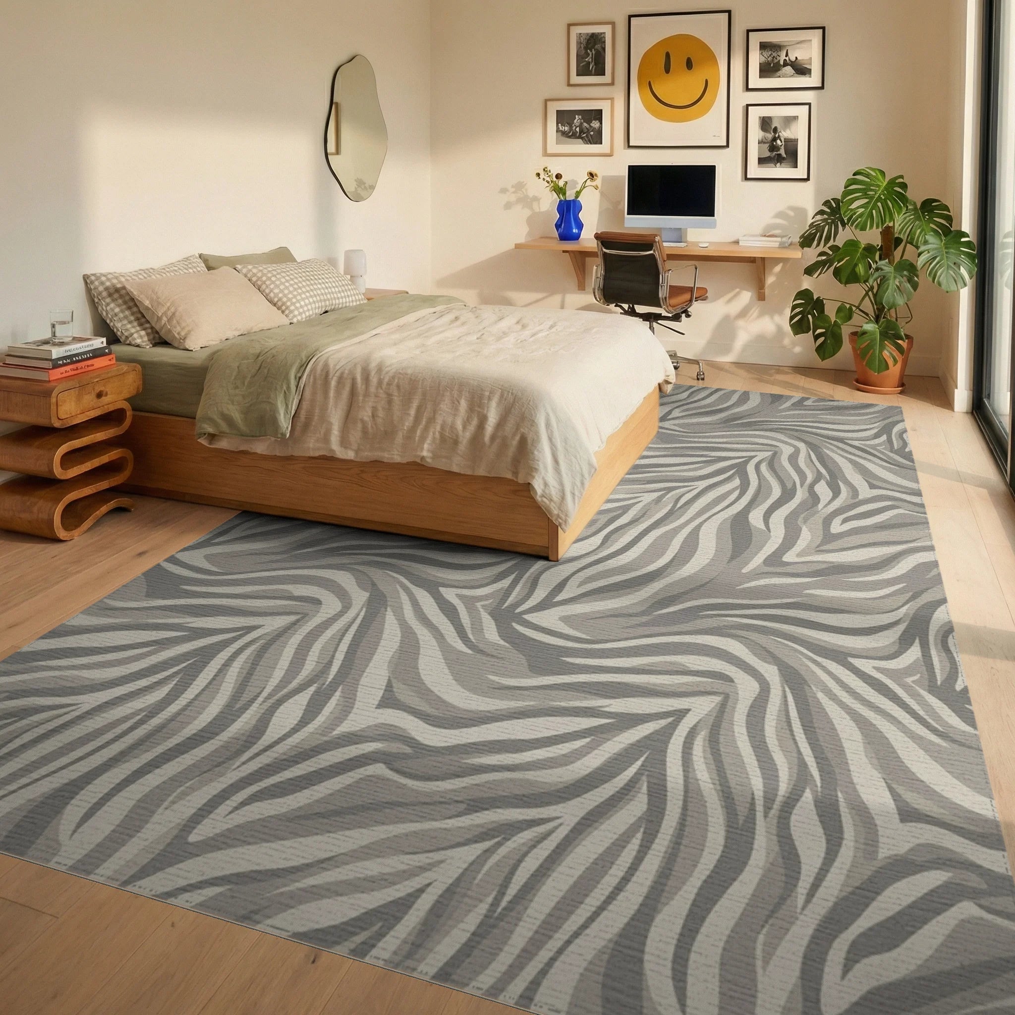 Neutral Zebra Stripe Swirl Rug Bedroom View