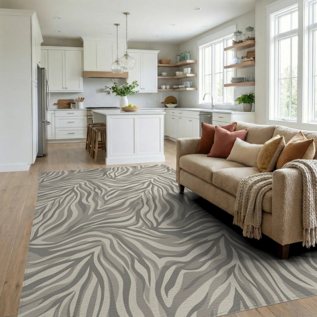 Neutral Zebra Stripe Swirl Rug Living Room View