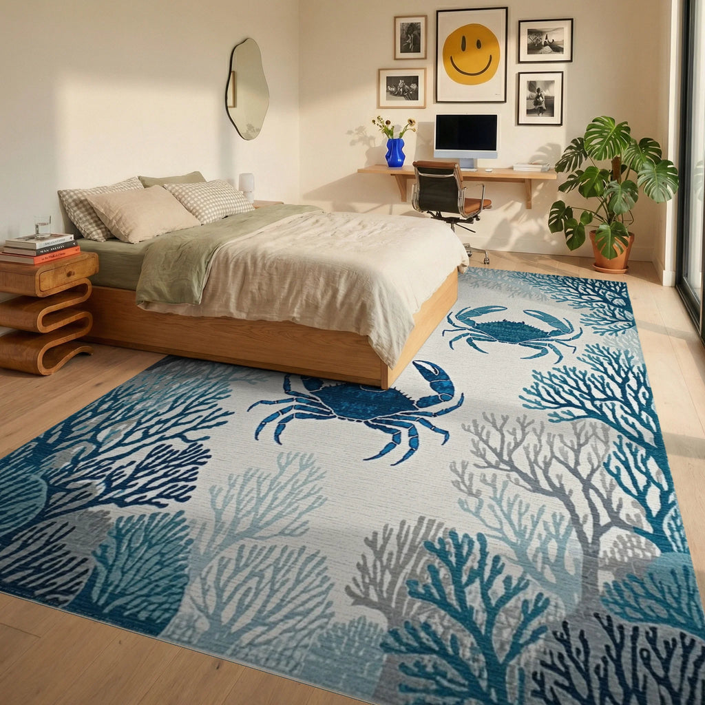 Ocean Blue Crab Coral Arrangement Rug - Bedroom View