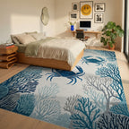 Ocean Blue Crab Coral Arrangement Rug - Bedroom View