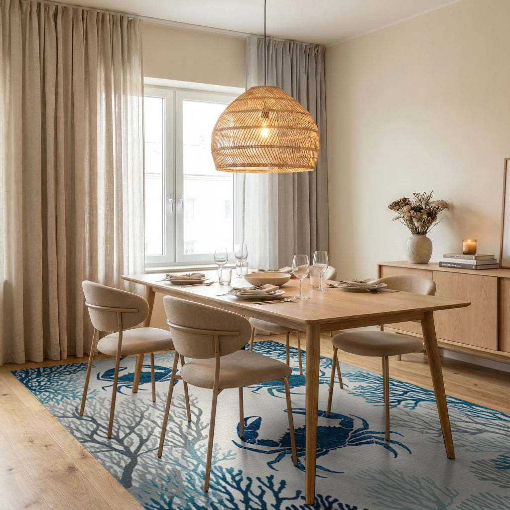 Ocean Blue Crab Coral Arrangement Rug - Dining Room View