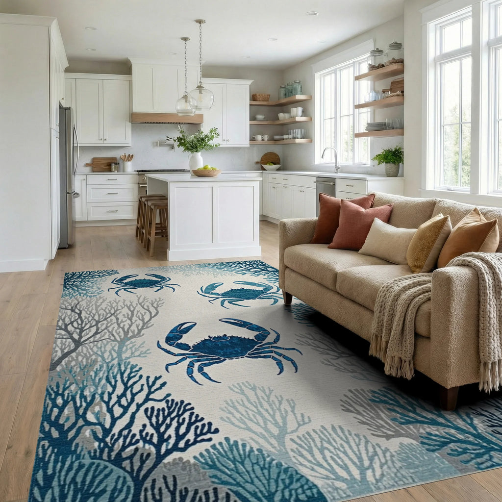 Ocean Blue Crab Coral Arrangement Rug - Living Room View
