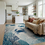 Ocean Blue Crab Coral Arrangement Rug - Living Room View