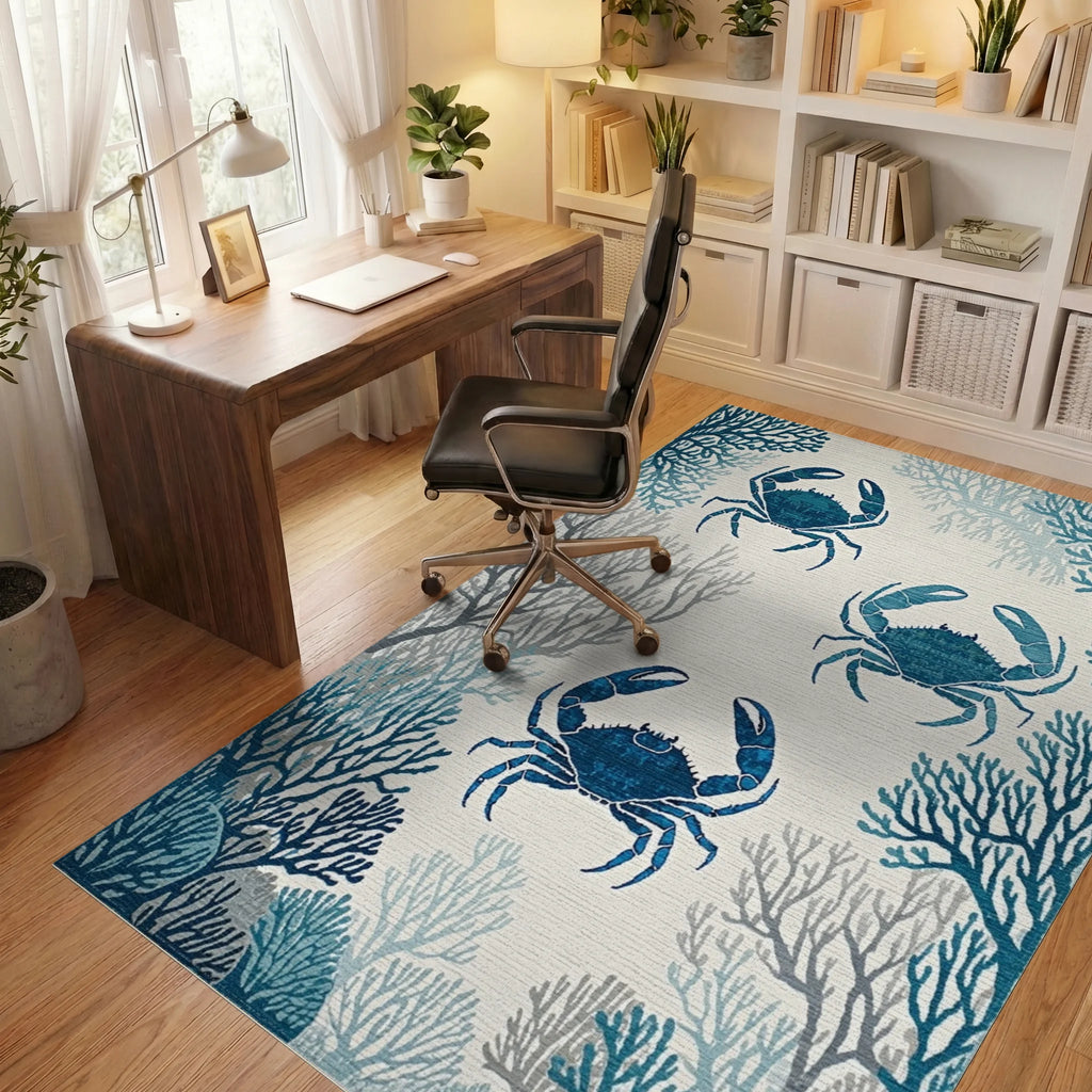 Ocean Blue Crab Coral Arrangement Rug - Office View