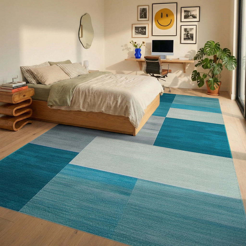 Ocean Blue Gradient Geometric Blocks Rug - Bedroom View