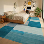 Ocean Blue Gradient Geometric Blocks Rug - Bedroom View
