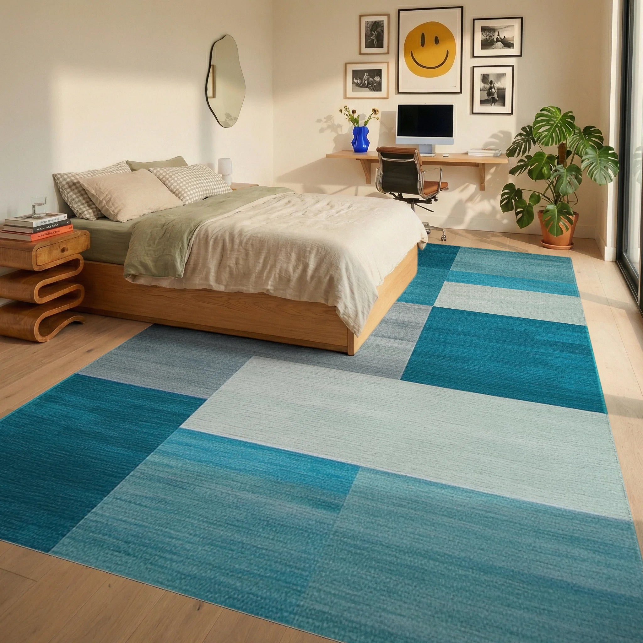 Ocean Blue Gradient Geometric Blocks Rug - Bedroom View