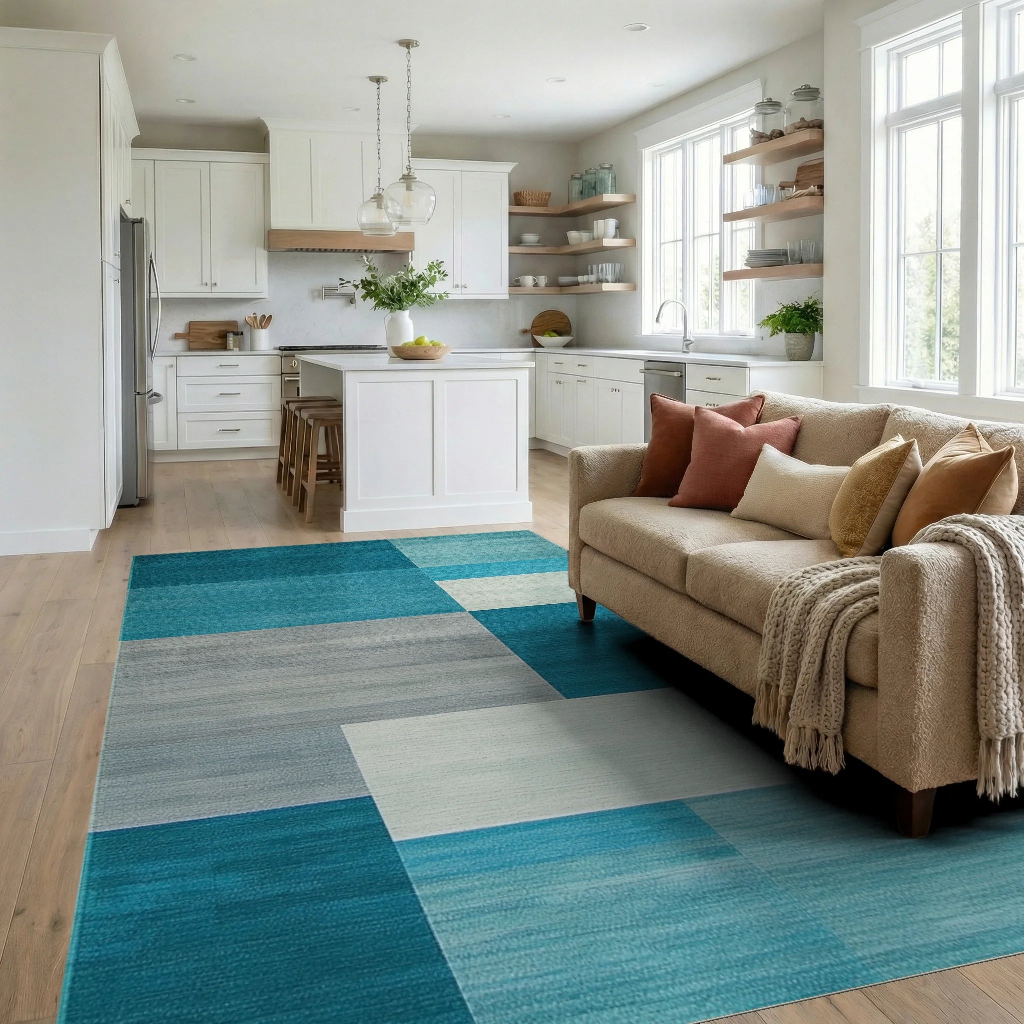 Ocean Blue Gradient Geometric Blocks Rug - Living Room View