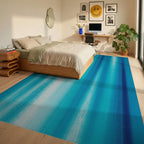 Ocean Blue Vertical Stripe Art Rug Bedroom View