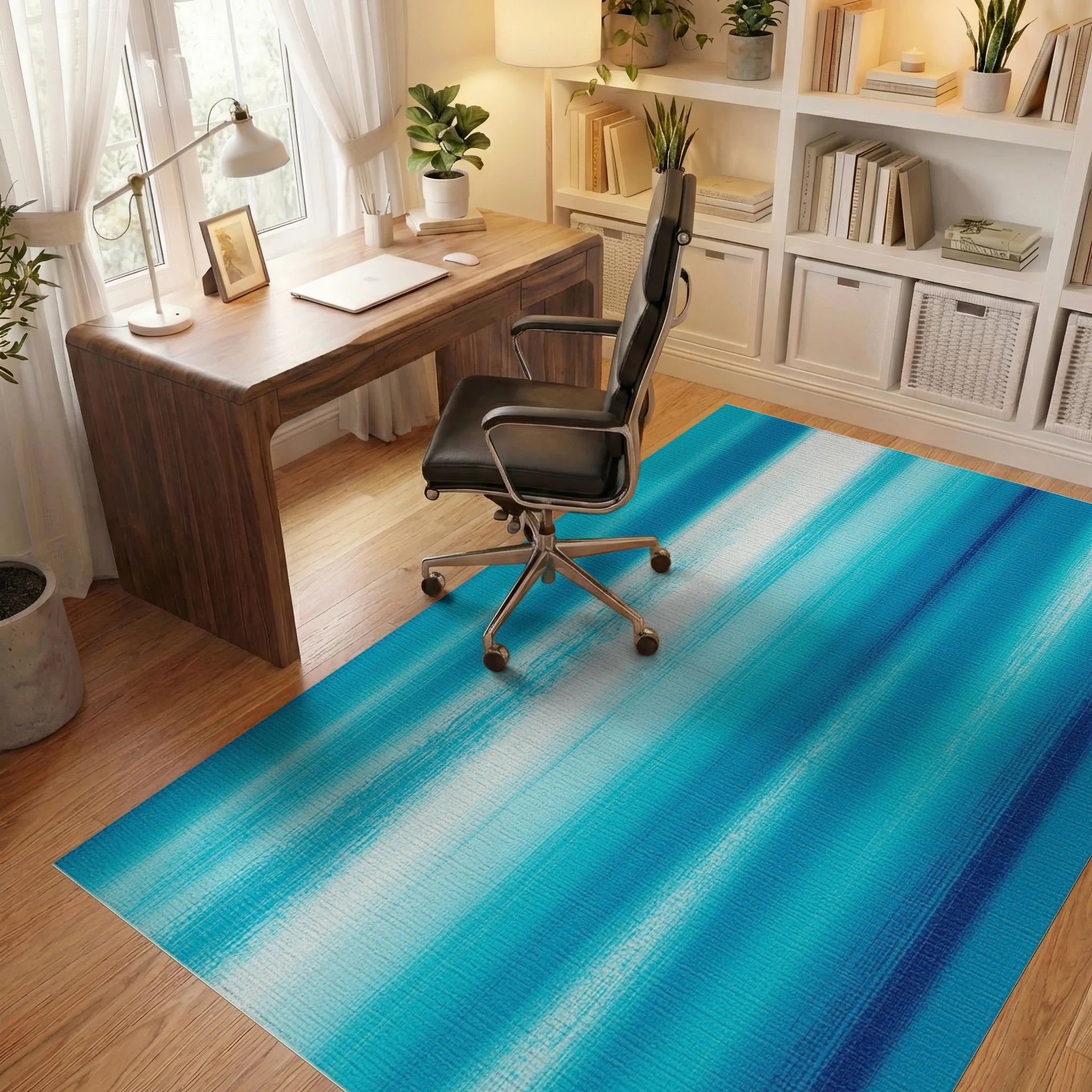 Ocean Blue Vertical Stripe Art Rug Office View