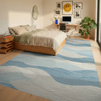 Ocean Blue Wavy Horizon Rug - Bedroom View