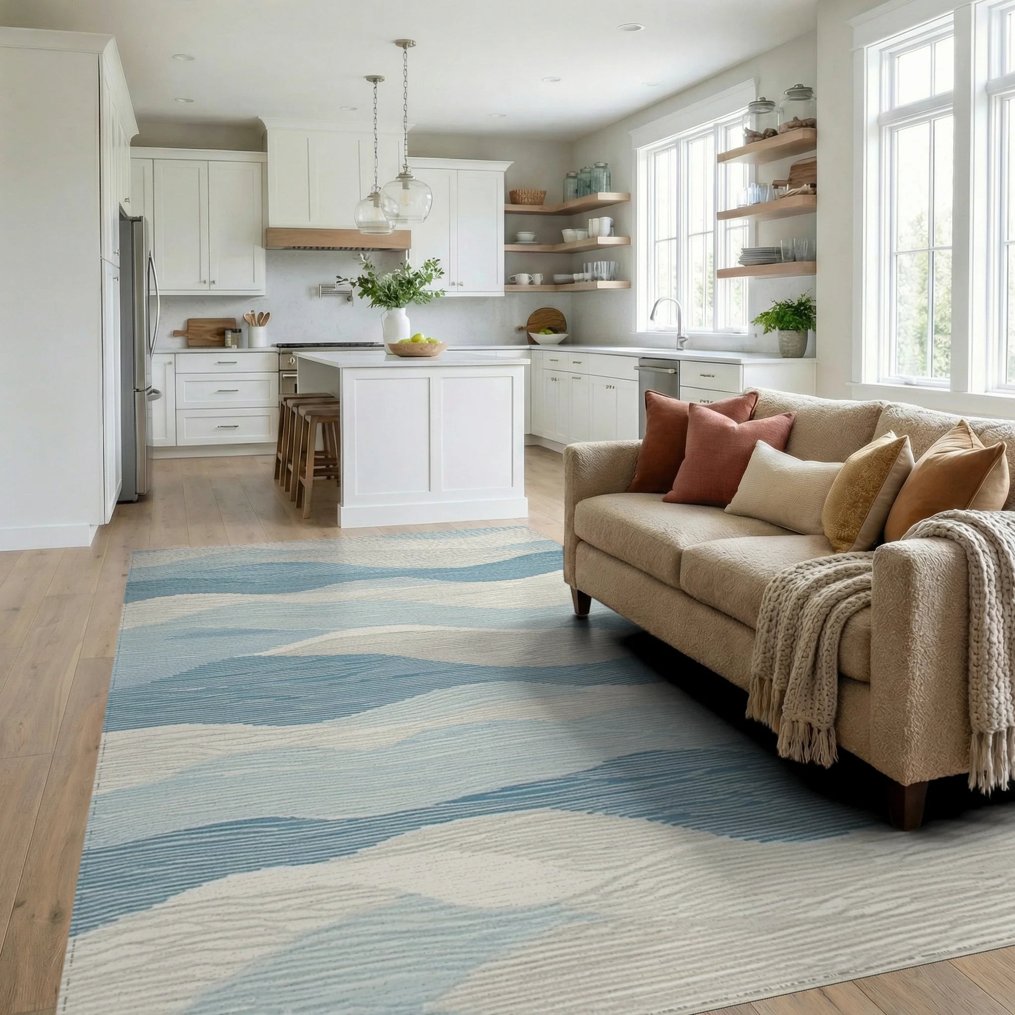 Ocean Blue Wavy Horizon Rug - Living Room View
