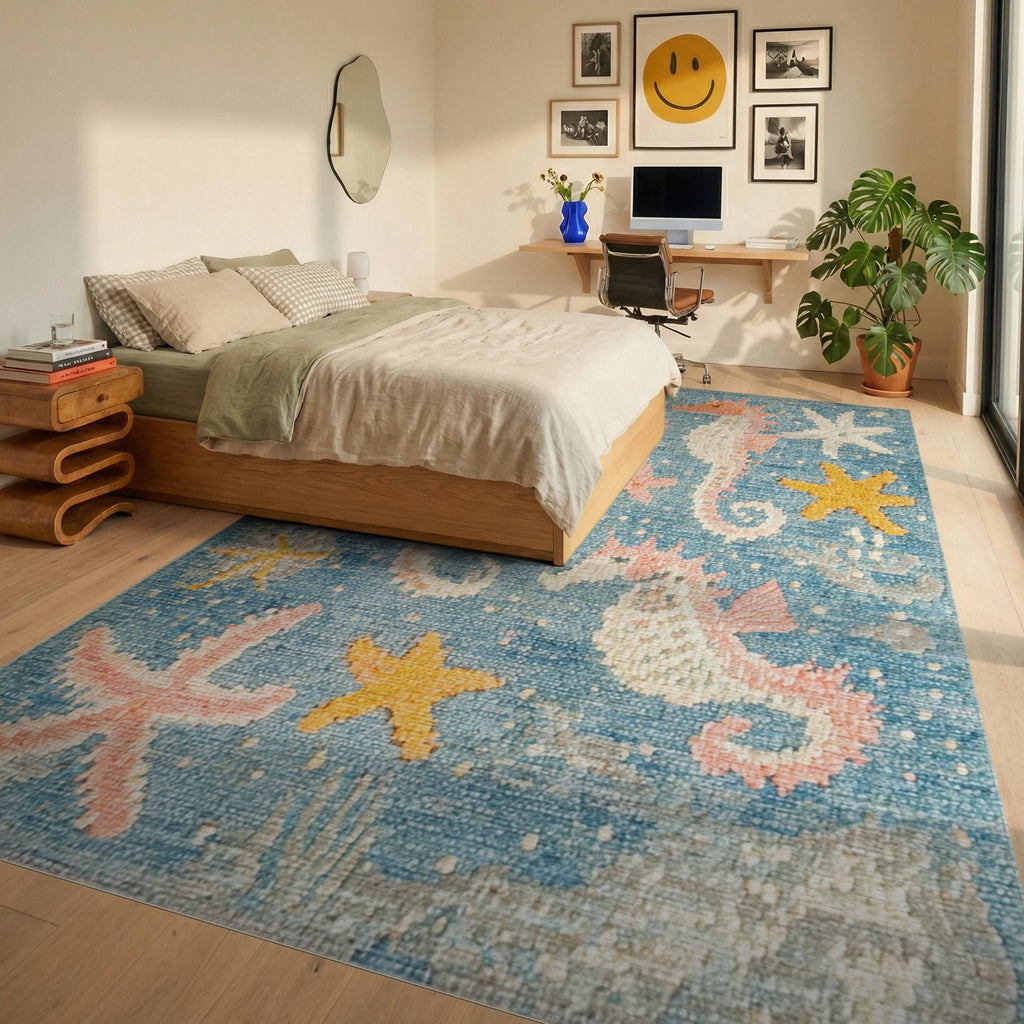 Ocean Seahorse Coral Stars Collection Rug - Bedroom View