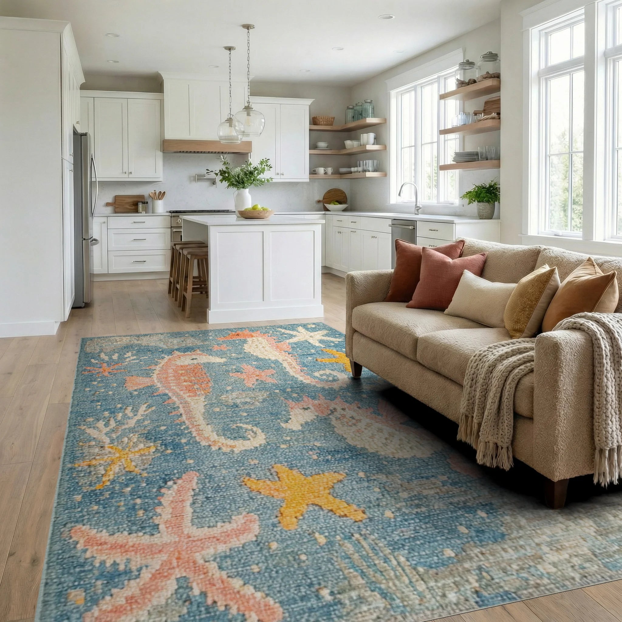 Ocean Seahorse Coral Stars Collection Rug - Living Room View