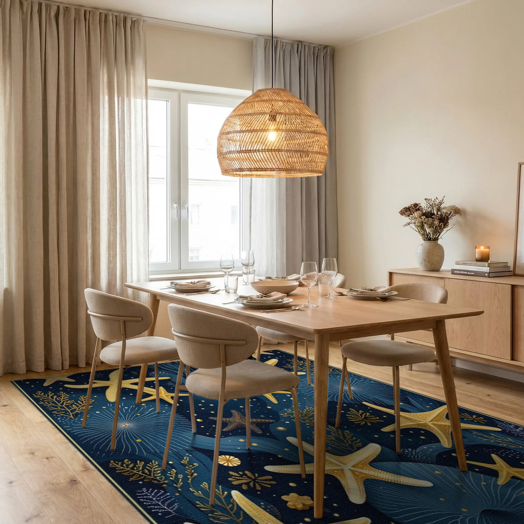 Ocean Starfish Coral Pattern Rug - Dining Room View