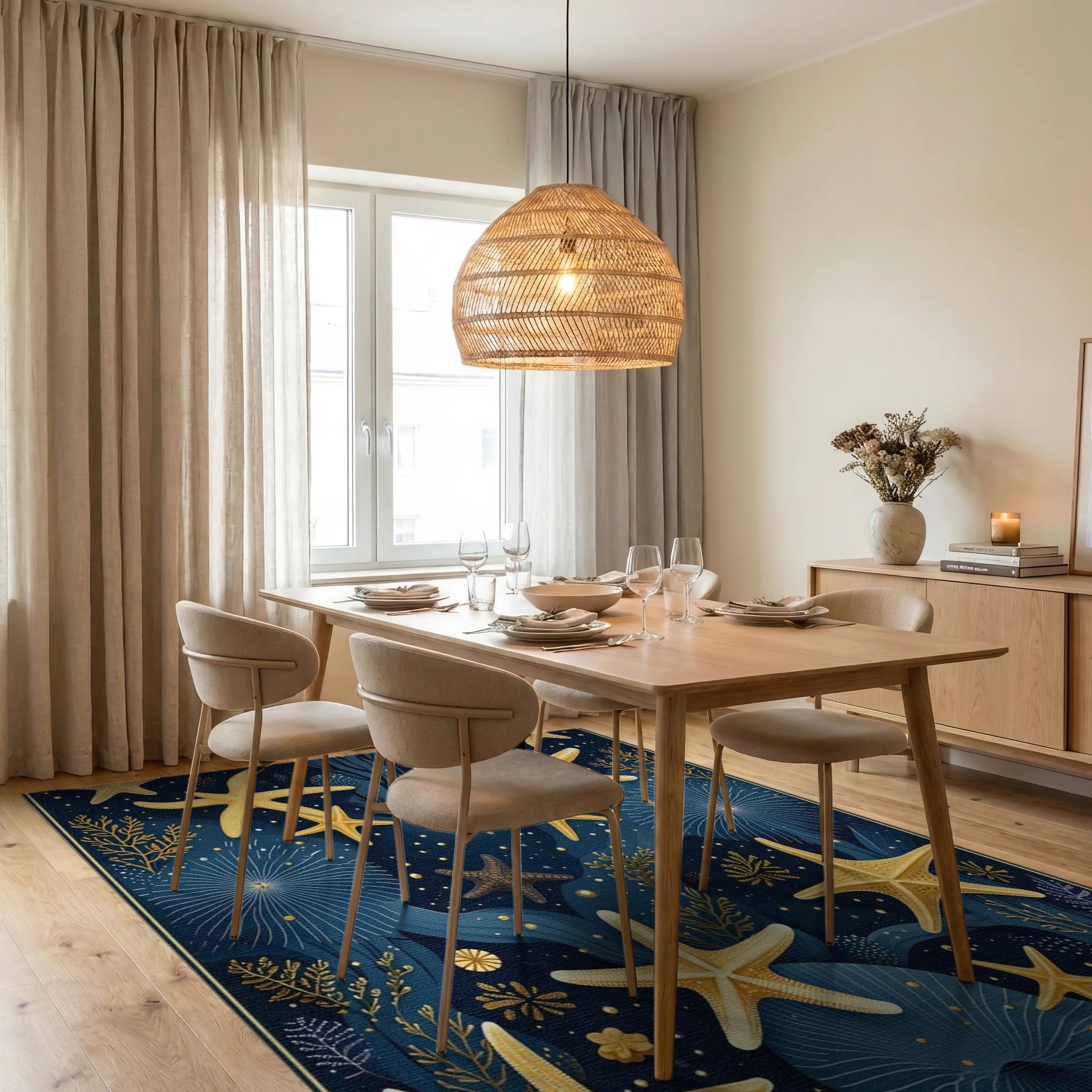 Ocean Starfish Coral Pattern Rug - Dining Room View
