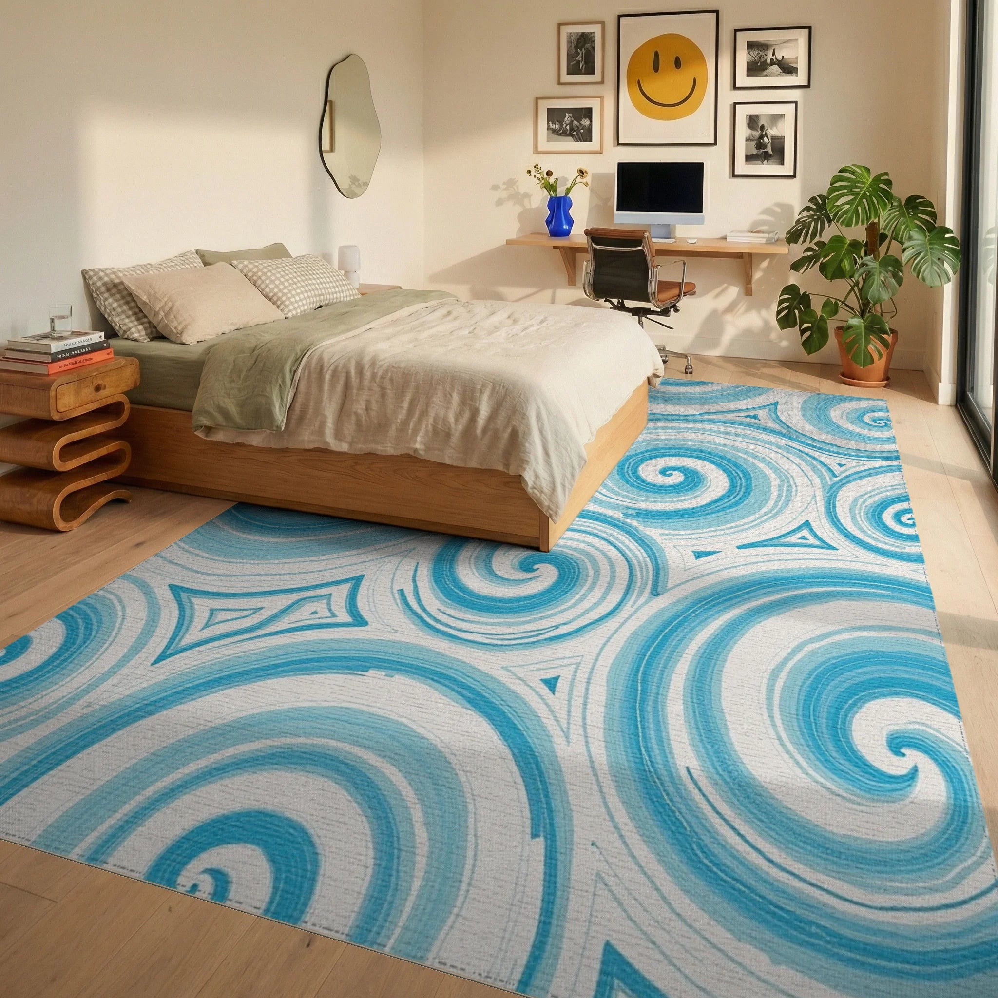 Ocean Swirl Blue Textured Rug Bedroom View