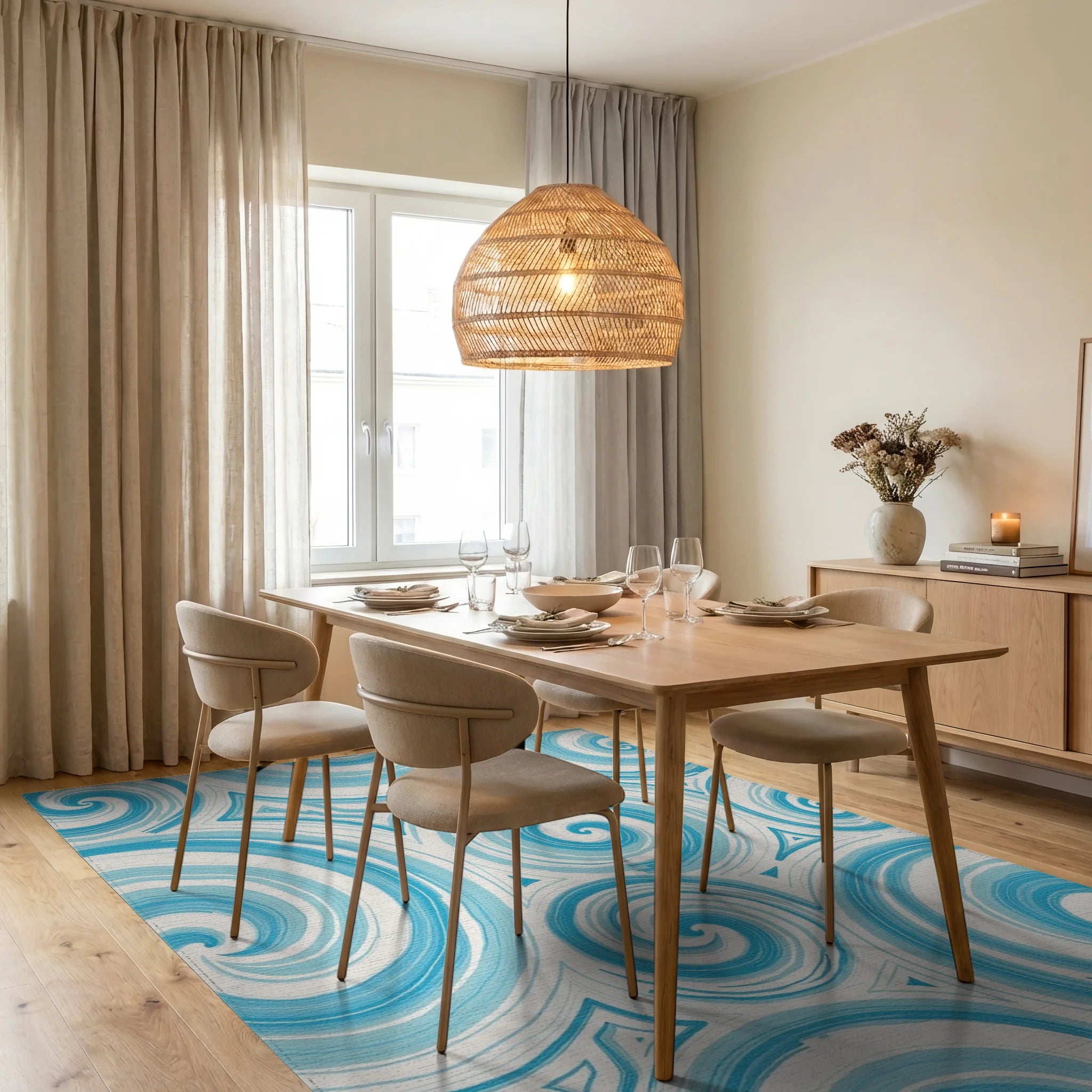 Ocean Swirl Blue Textured Rug Dining Room View