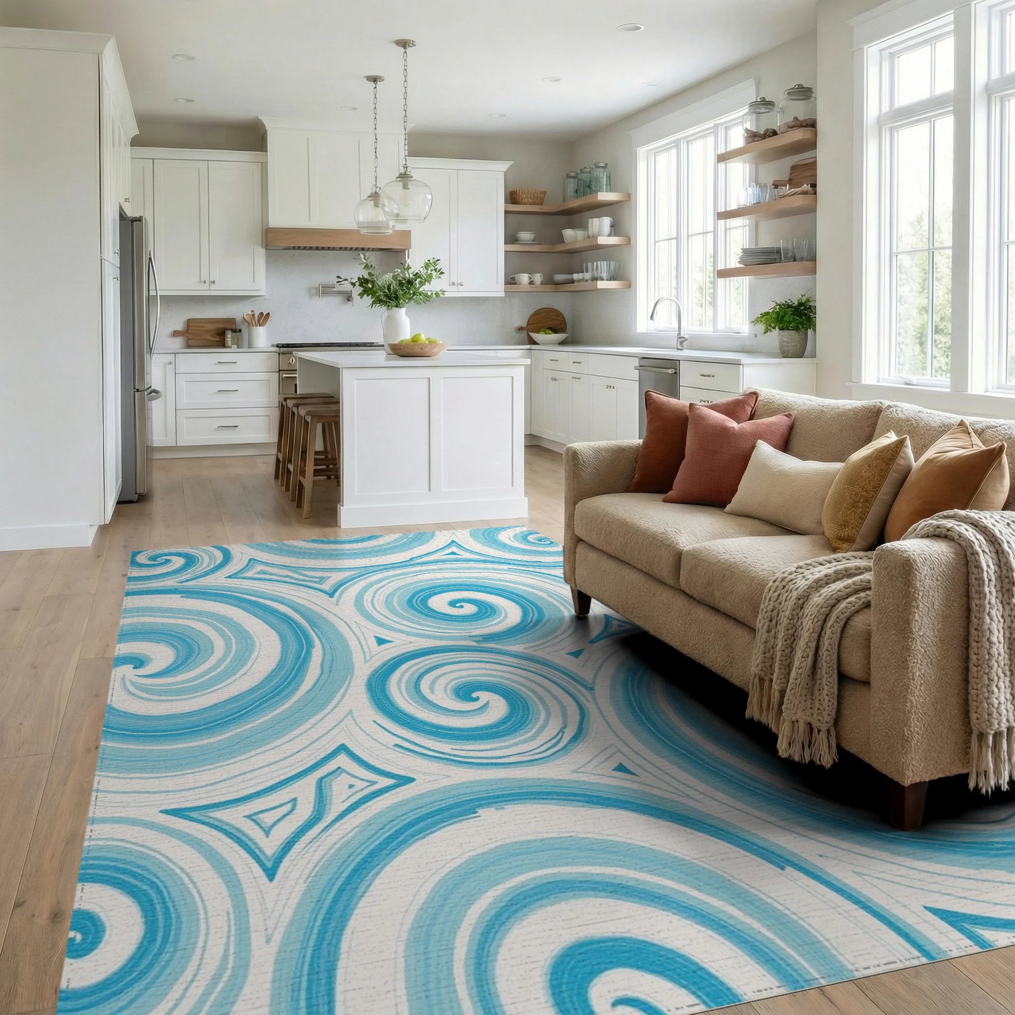 Ocean Swirl Blue Textured Rug Living Room View