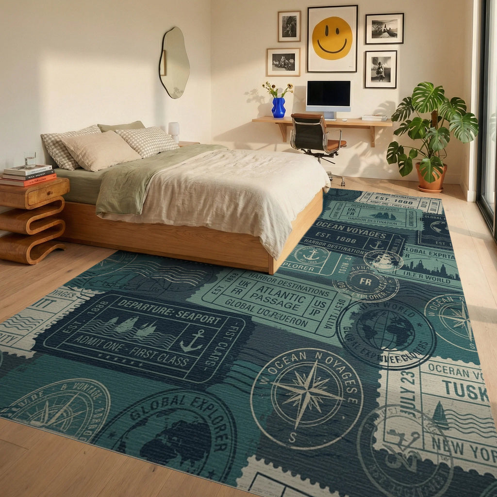 Ocean Voyages Stamps Collage Rug Bedroom View