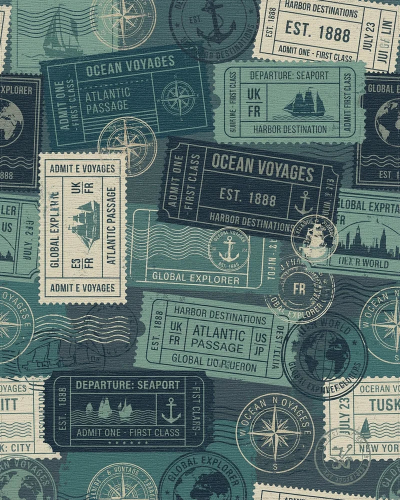 Ocean Voyages Stamps Collage Rug - Cutout View